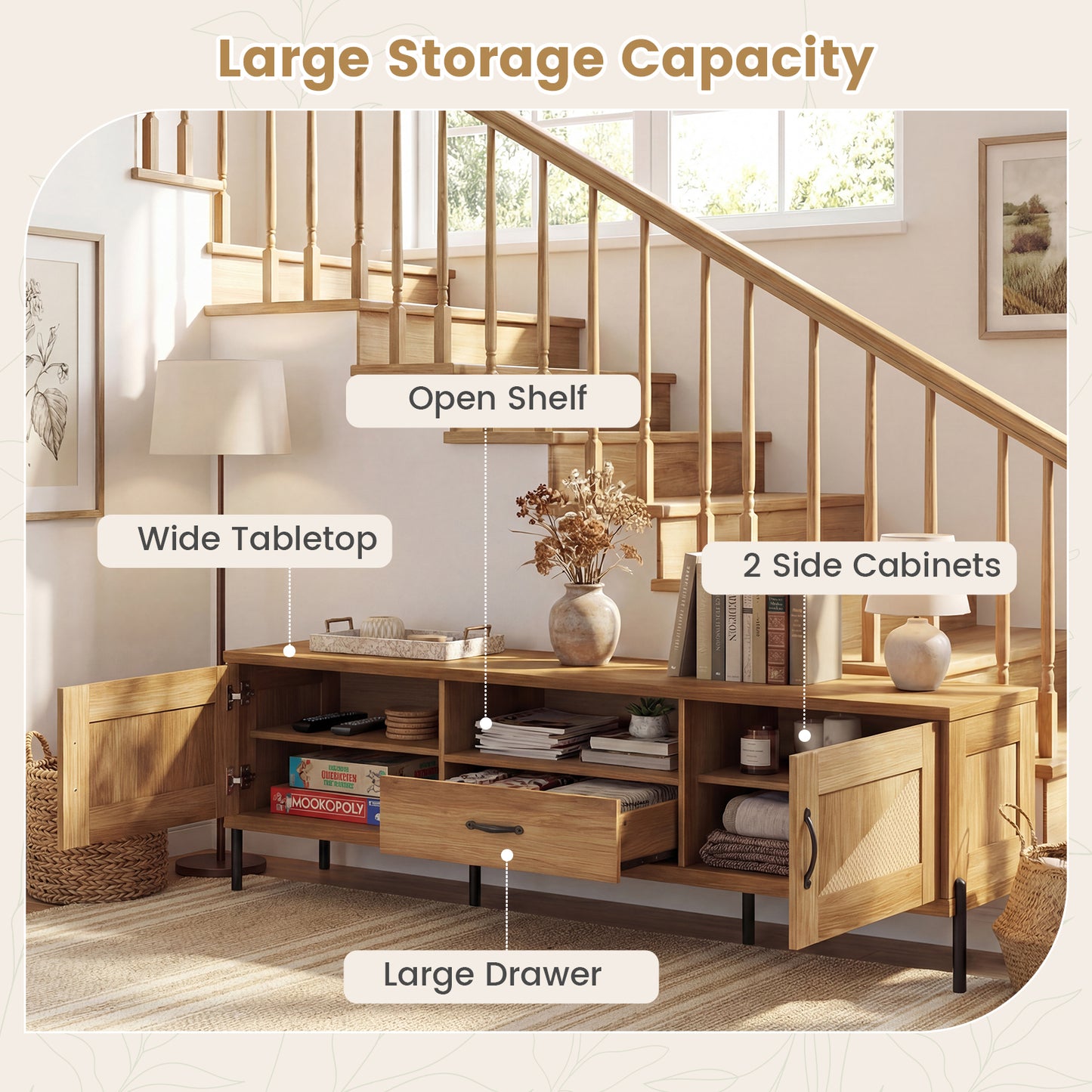 Rattan TV Stand, 80 Inch, Mid Century Modern, 2 Storage Cabinets, Natural Entertainment Centers & TV Stands at Gallery Canada