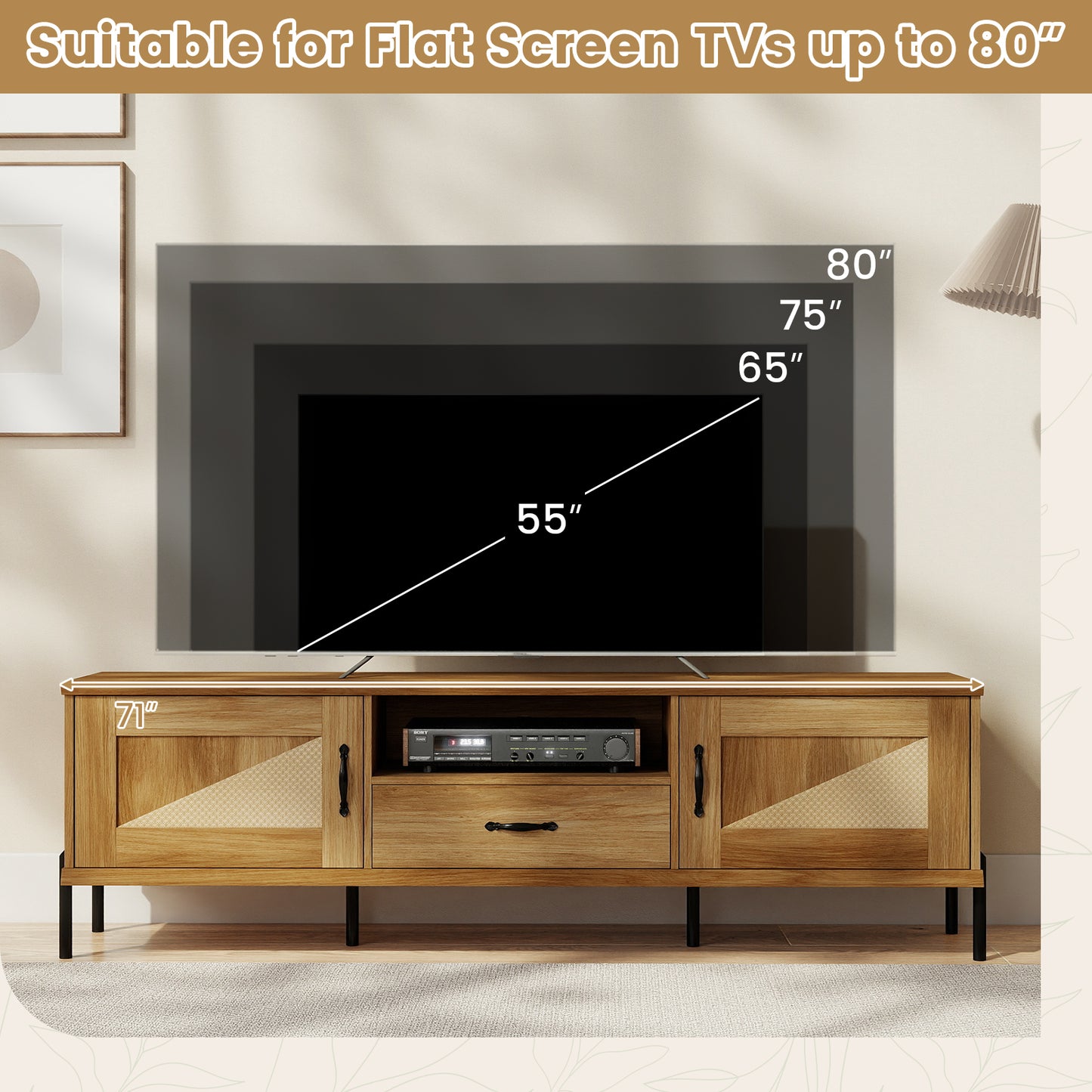Rattan TV Stand, 80 Inch, Mid Century Modern, 2 Storage Cabinets, Natural Entertainment Centers & TV Stands at Gallery Canada