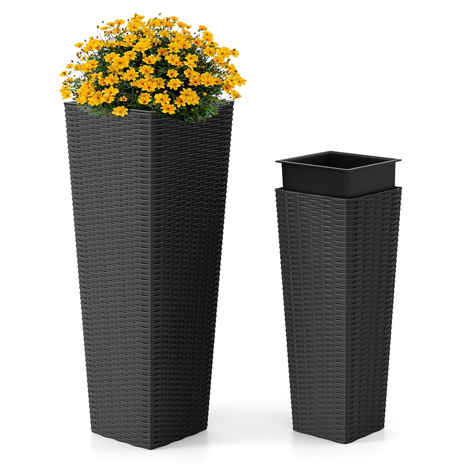 Rattan Tall Planter Set of 2 Outdoor Large Tapered Planters with Removable Inner Trays, Black Faux Plants at Gallery Canada
