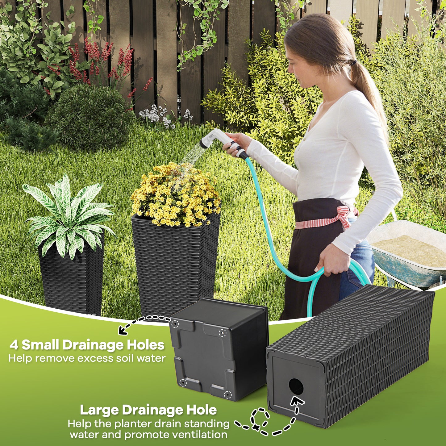 Rattan Tall Planter Set of 2 Outdoor Large Tapered Planters with Removable Inner Trays, Black Faux Plants at Gallery Canada