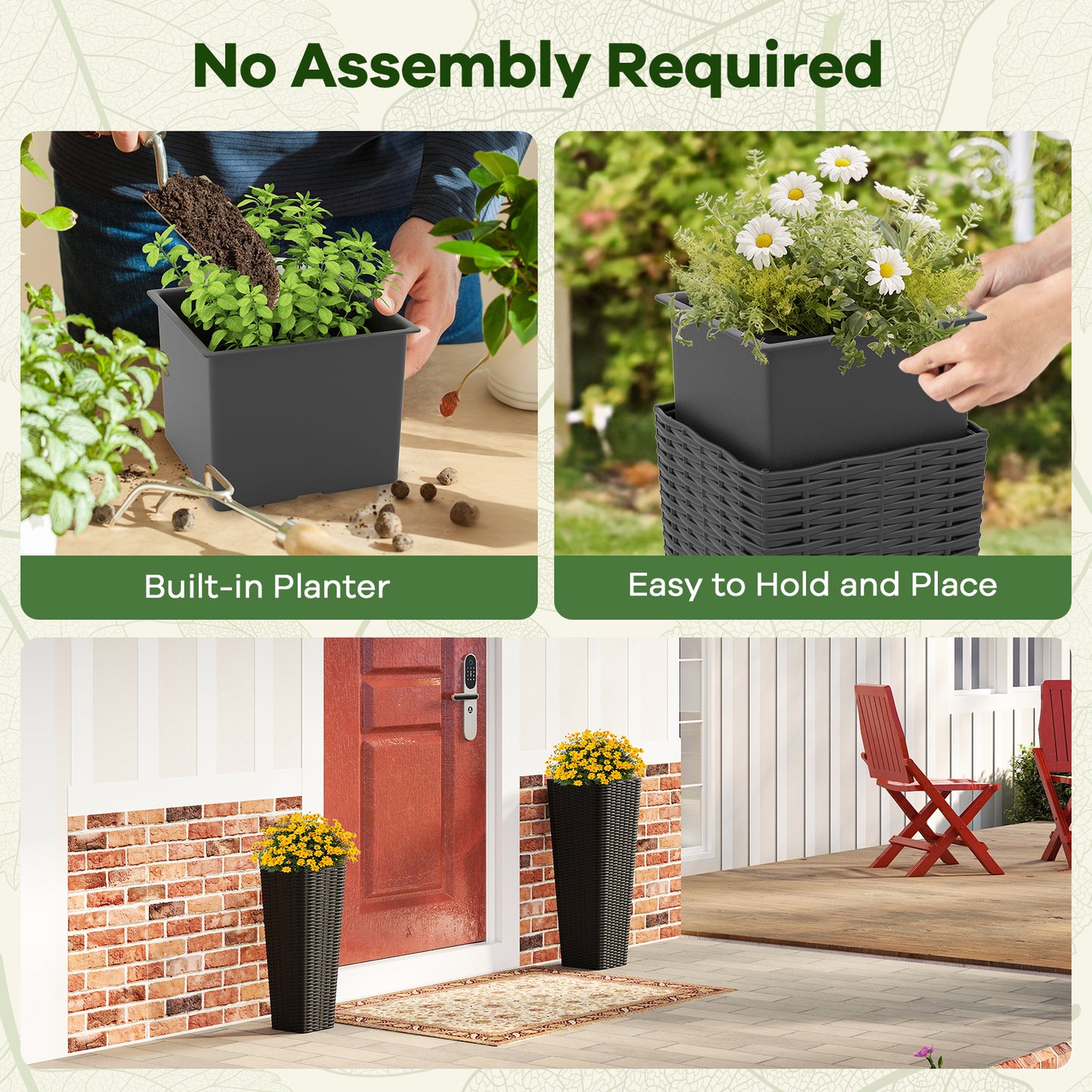 Rattan Tall Planter Set of 2 Outdoor Large Tapered Planters with Removable Inner Trays, Black Faux Plants at Gallery Canada
