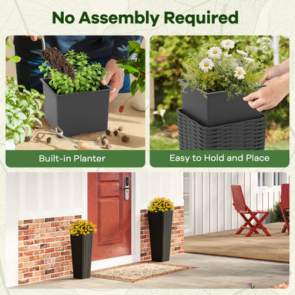 Rattan Tall Planter Set of 2 Outdoor Large Tapered Planters with Removable Inner Trays, Black Faux Plants at Gallery Canada