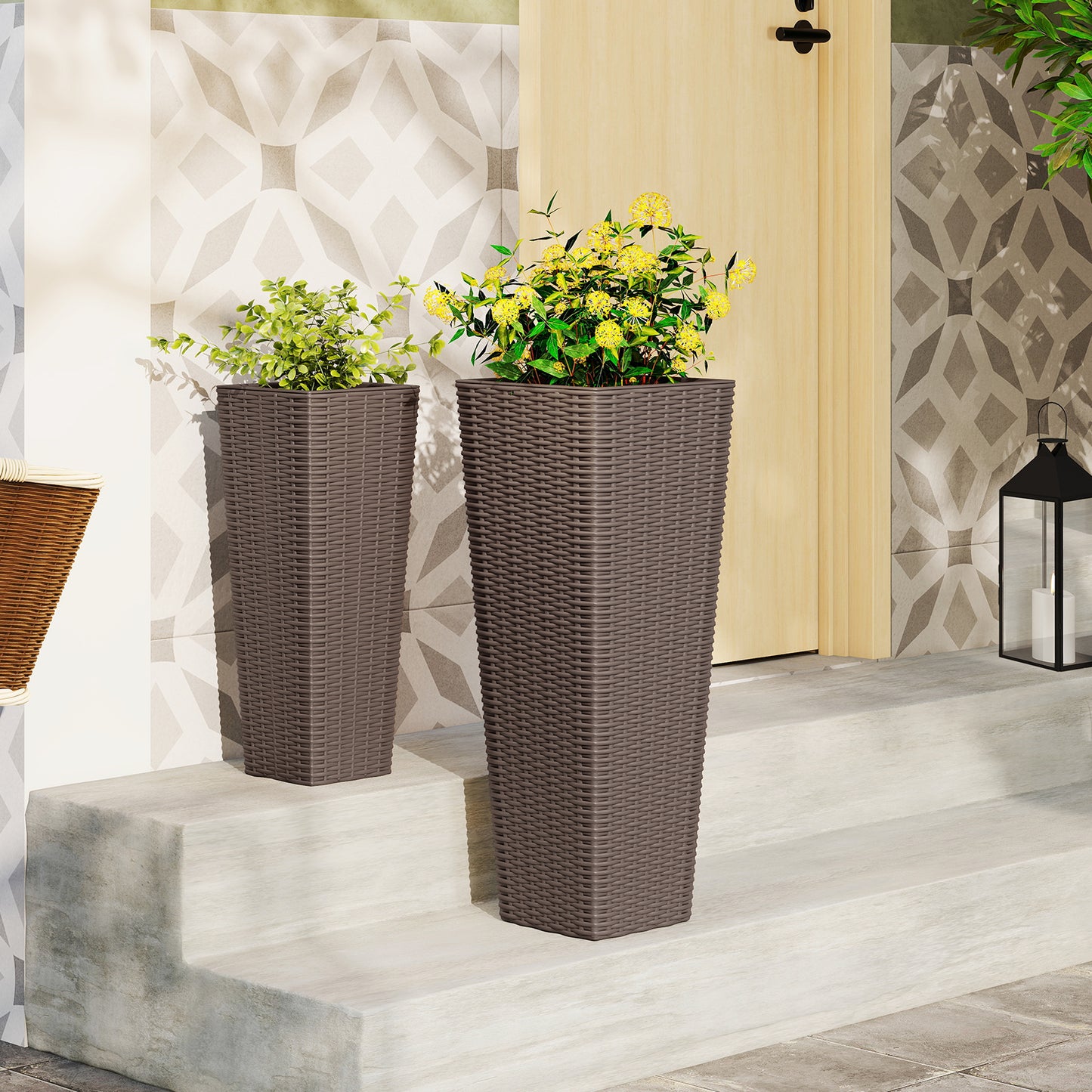 Rattan Tall Planter Set of 2 Outdoor Large Tapered Planters with Removable Inner Trays, Brown Faux Plants at Gallery Canada