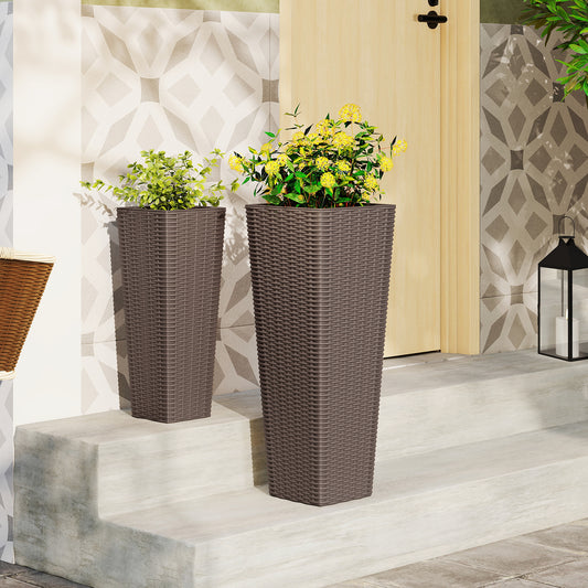 Rattan Tall Planter Set of 2 Outdoor Large Tapered Planters with Removable Inner Trays, Brown Faux Plants Brown at Gallery Canada