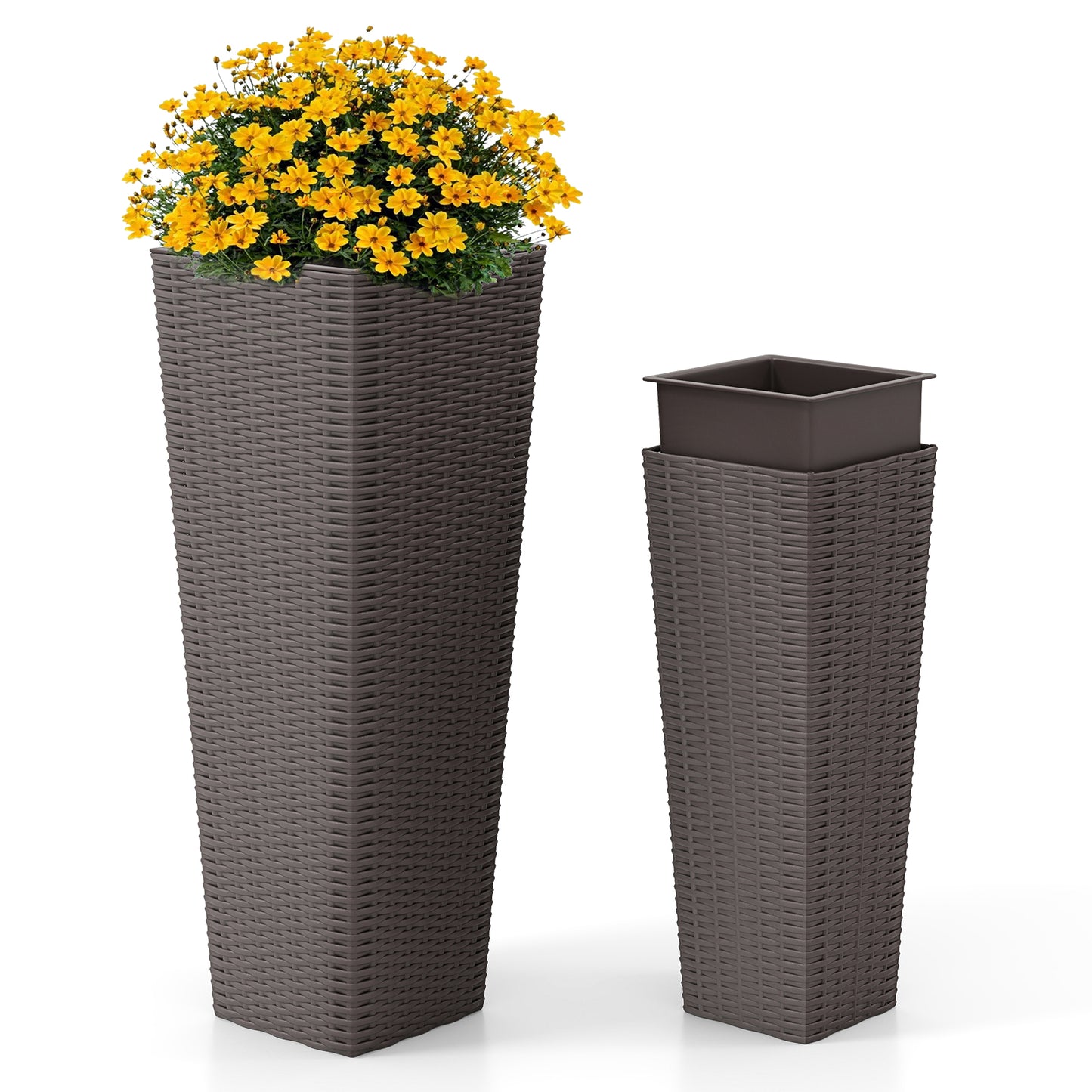 Rattan Tall Planter Set of 2 Outdoor Large Tapered Planters with Removable Inner Trays, Brown Faux Plants at Gallery Canada