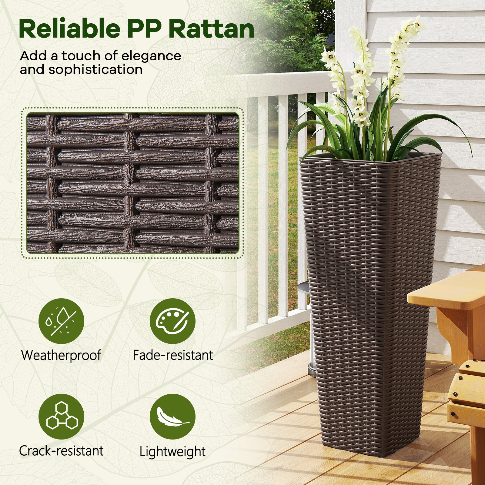 Rattan Tall Planter Set of 2 Outdoor Large Tapered Planters with Removable Inner Trays, Brown Faux Plants at Gallery Canada