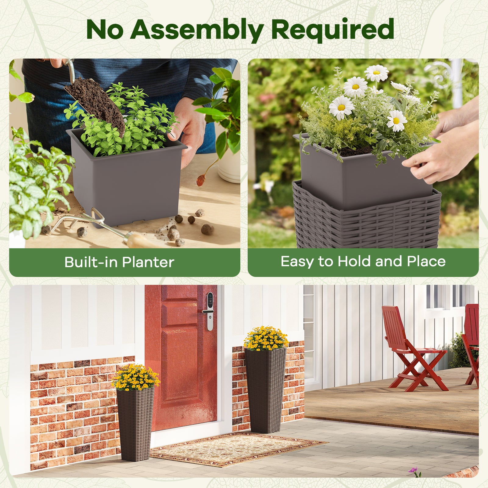 Rattan Tall Planter Set of 2 Outdoor Large Tapered Planters with Removable Inner Trays, Brown Faux Plants at Gallery Canada