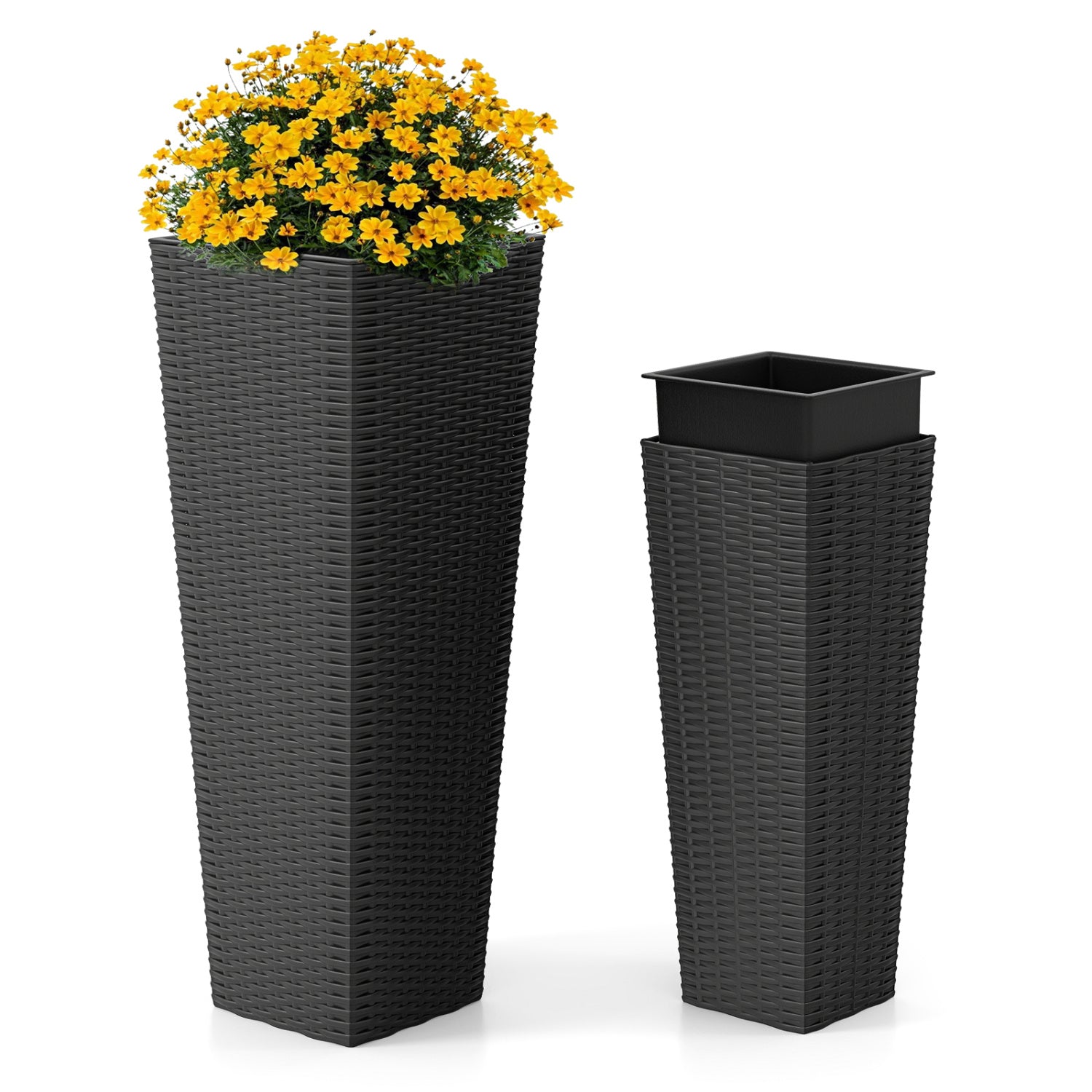 Rattan Tall Planter Set of 2 Outdoor Large Tapered Planters with Removable Inner Trays, Black Faux Plants at Gallery Canada
