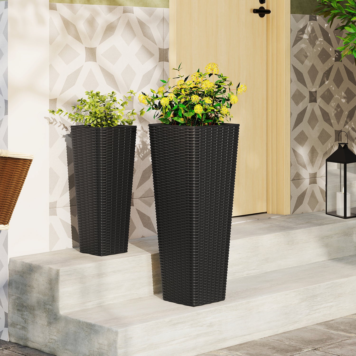Rattan Tall Planter Set of 2 Outdoor Large Tapered Planters with Removable Inner Trays, Black Faux Plants at Gallery Canada