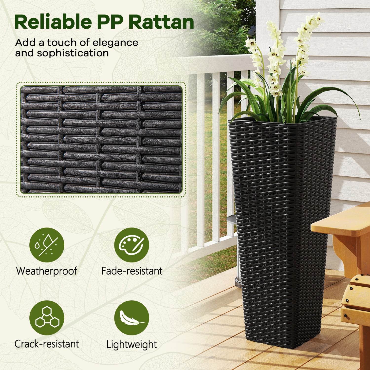 Rattan Tall Planter Set of 2 Outdoor Large Tapered Planters with Removable Inner Trays, Black Faux Plants at Gallery Canada