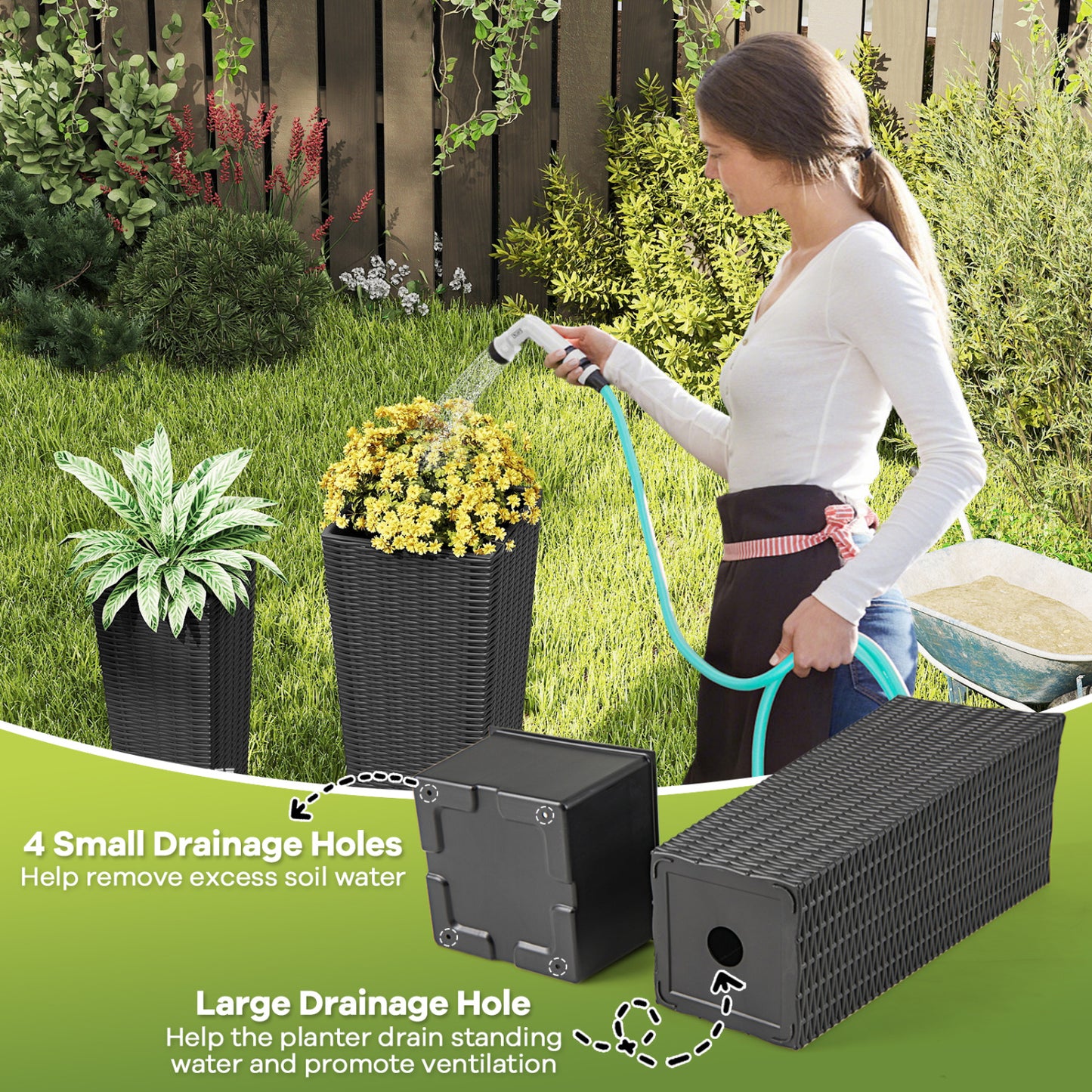 Rattan Tall Planter Set of 2 Outdoor Large Tapered Planters with Removable Inner Trays, Black Faux Plants at Gallery Canada