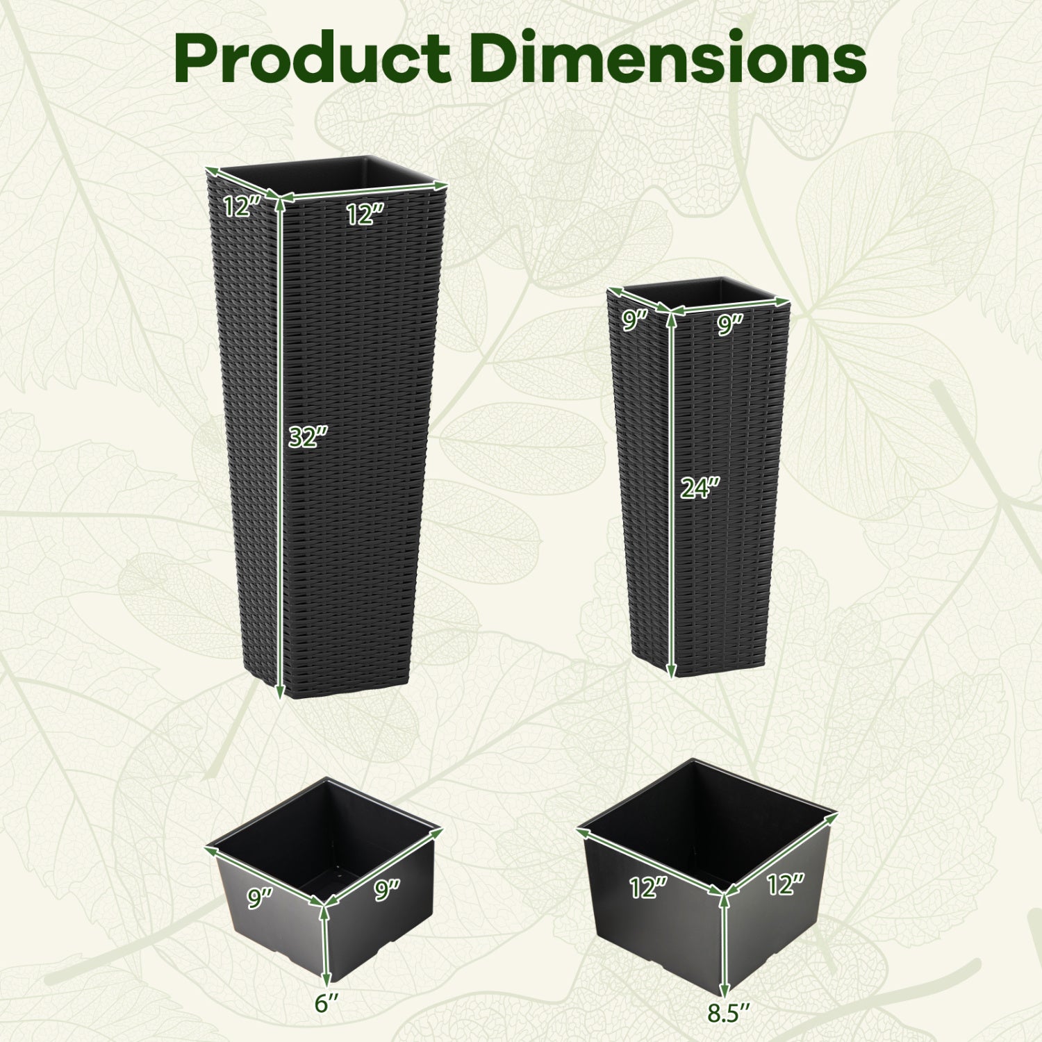 Rattan Tall Planter Set of 2 Outdoor Large Tapered Planters with Removable Inner Trays, Black Faux Plants at Gallery Canada