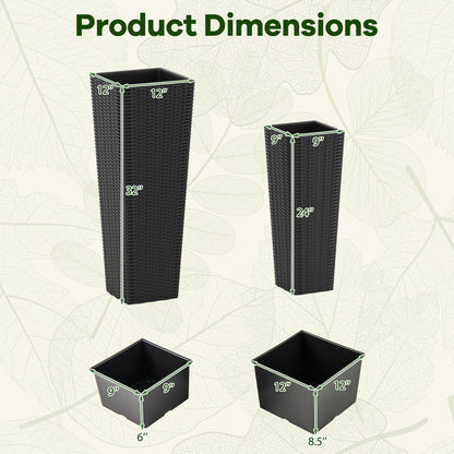 Rattan Tall Planter Set of 2 Outdoor Large Tapered Planters with Removable Inner Trays, Black Faux Plants at Gallery Canada