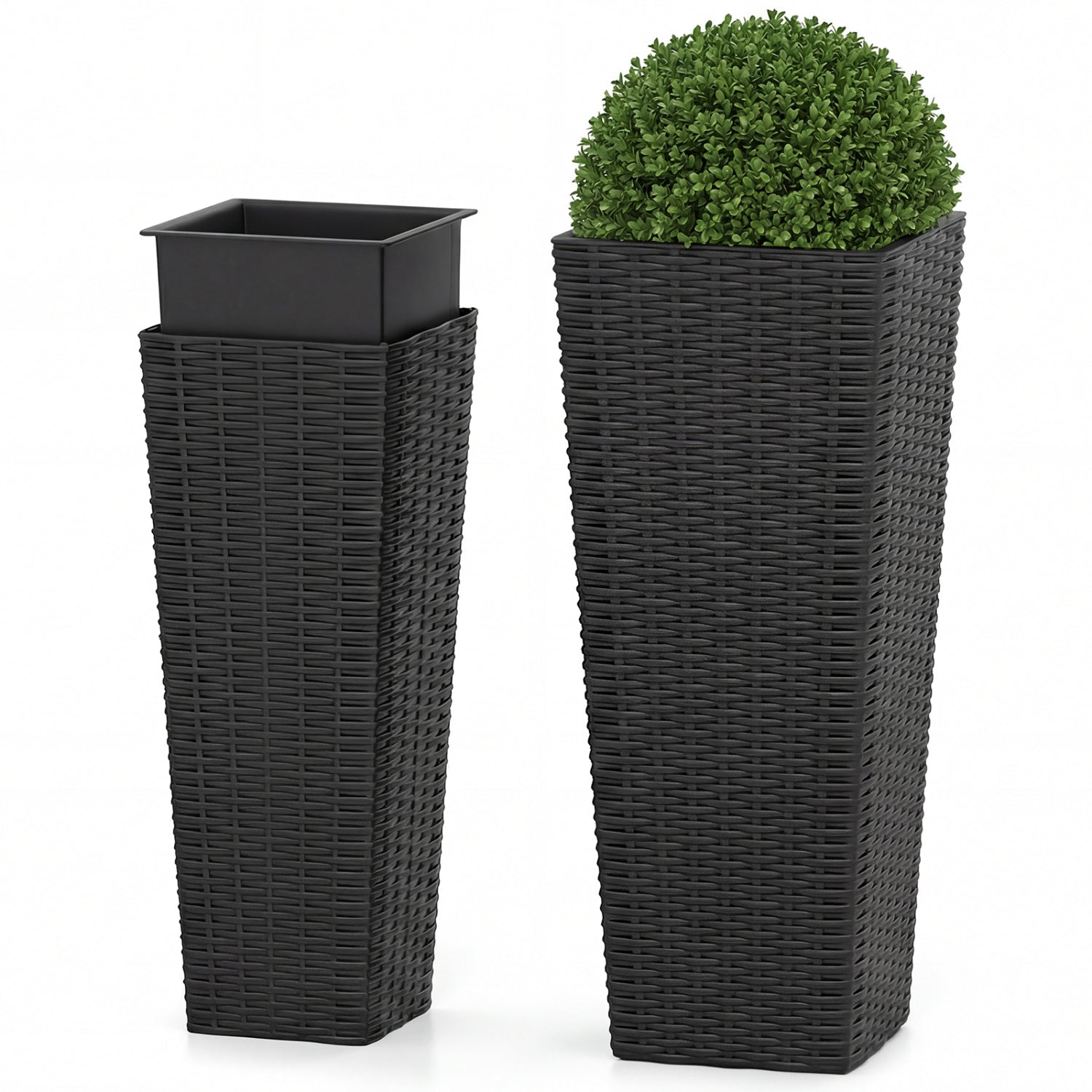 Rattan Tall Planter Set of 2 Outdoor Large Tapered Planters with Removable Inner Trays, Black Faux Plants at Gallery Canada