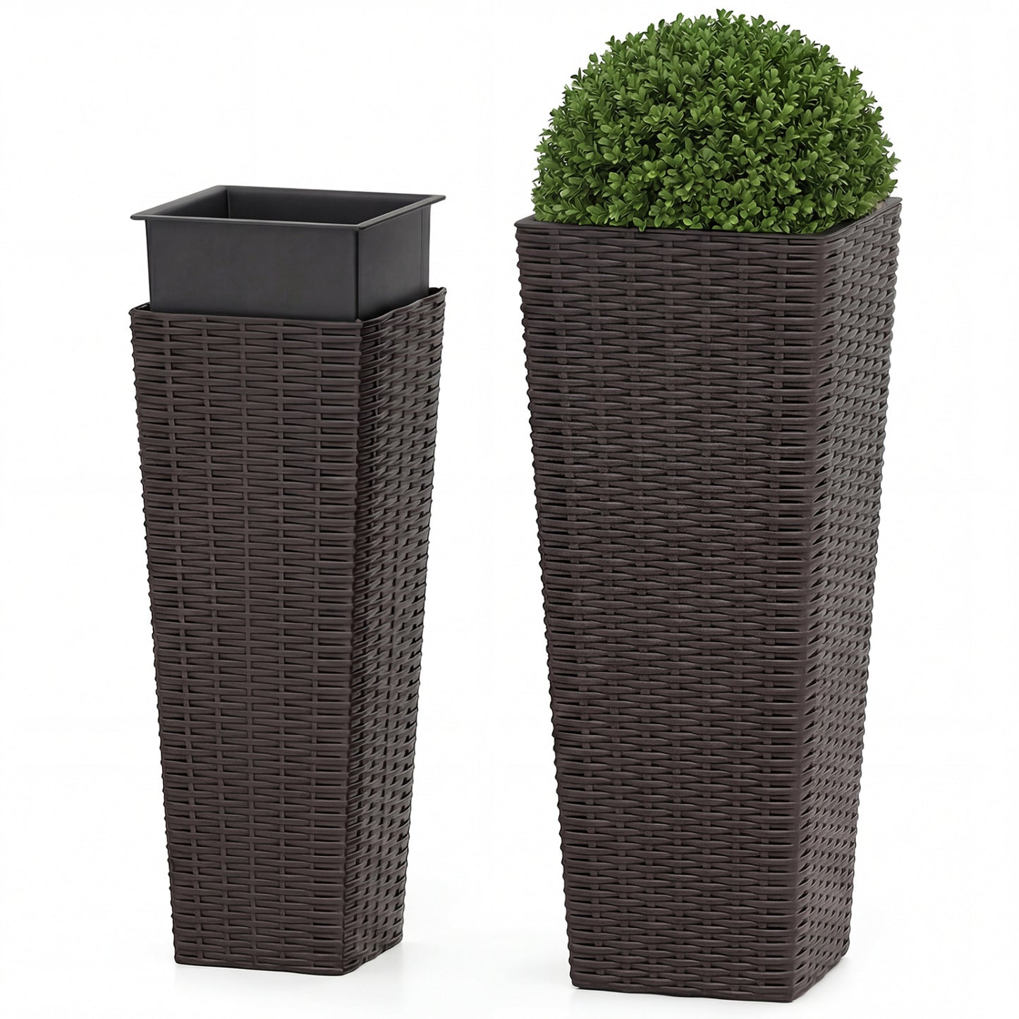 Rattan Tall Planter Set of 2 Outdoor Large Tapered Planters with Removable Inner Trays, Brown Faux Plants at Gallery Canada