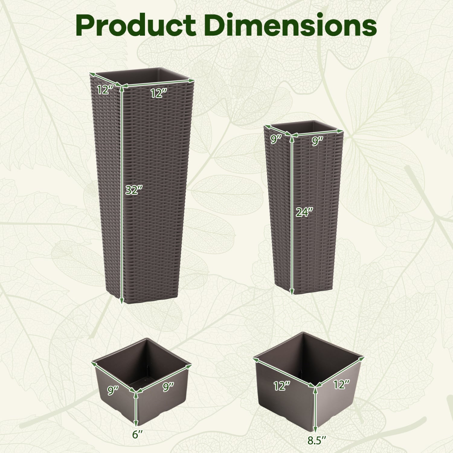 Rattan Tall Planter Set of 2 Outdoor Large Tapered Planters with Removable Inner Trays, Brown Faux Plants at Gallery Canada