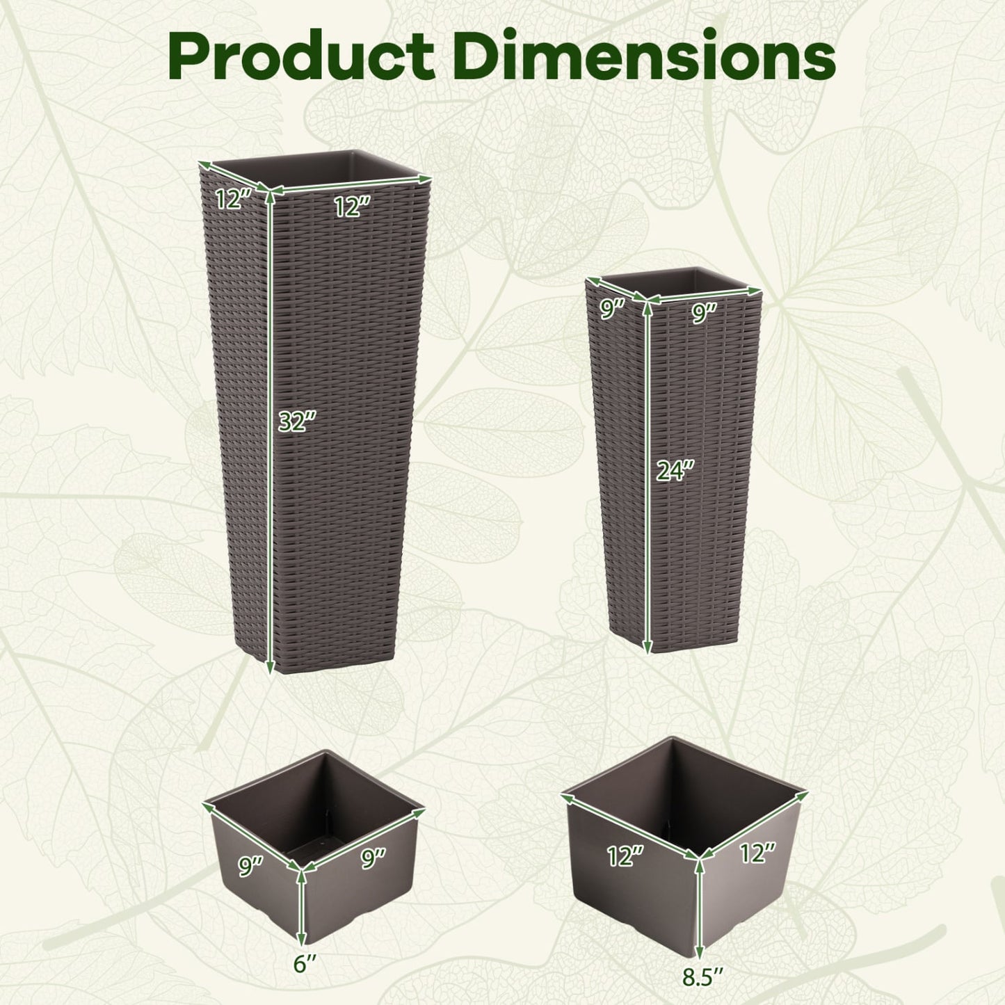 Rattan Tall Planter Set of 2 Outdoor Large Tapered Planters with Removable Inner Trays, Brown Faux Plants at Gallery Canada