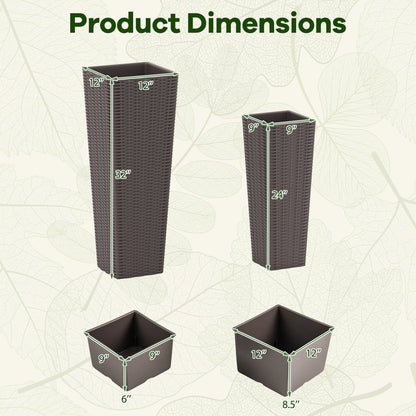 Rattan Tall Planter Set of 2 Outdoor Large Tapered Planters with Removable Inner Trays, Brown Faux Plants at Gallery Canada