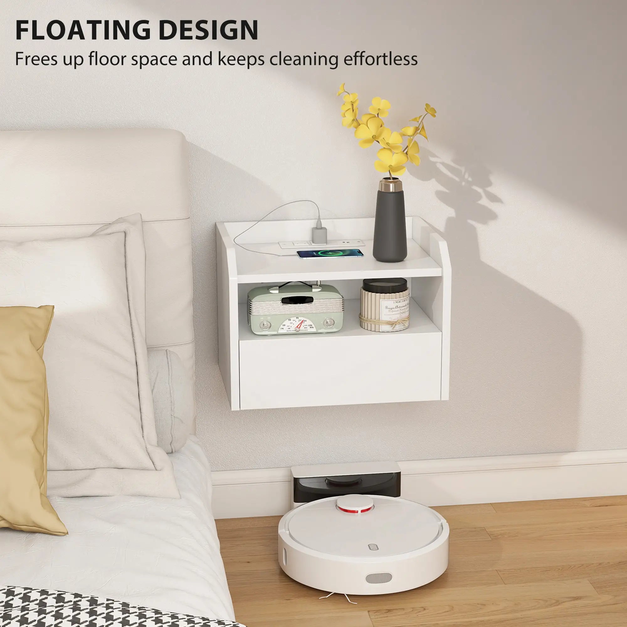 Wall Mounted Bedside Table Set of 2, Charging Station, Drawer, Shelf, White Bedside Tables at Gallery Canada