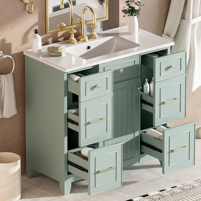 Bathroom Vanity, Ceramic Sink, Soft-Close Doors, 36" L x 18" W x 34" H, Green Sink Cabinets at Gallery Canada