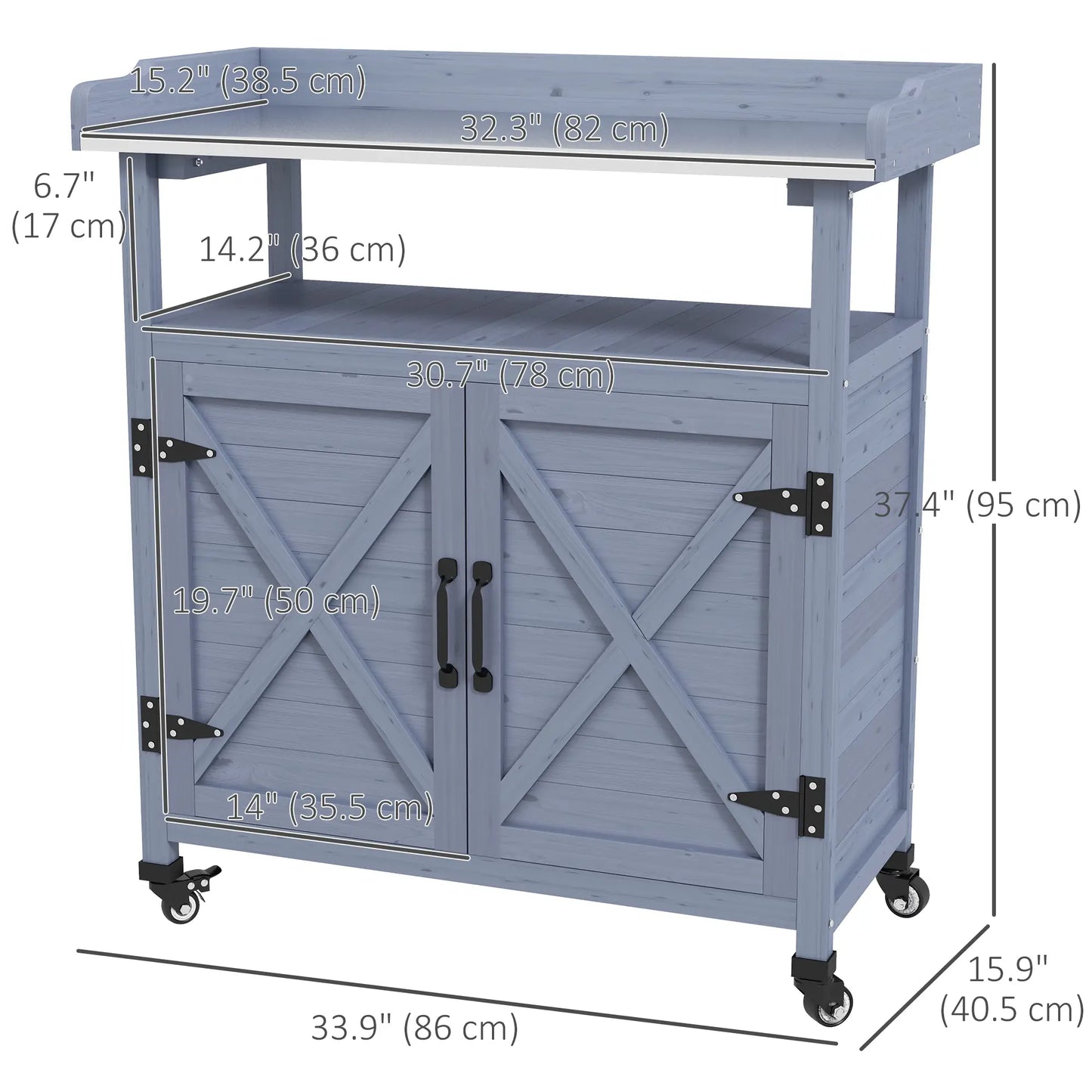 Outdoor Wooden Potting Bench, Storage Cabinet, Aluminum Tabletop, Grey Potting Benches & Tables at Gallery Canada