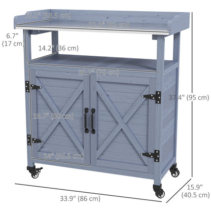 Outdoor Wooden Potting Bench, Storage Cabinet, Aluminum Tabletop, Grey Potting Benches & Tables at Gallery Canada