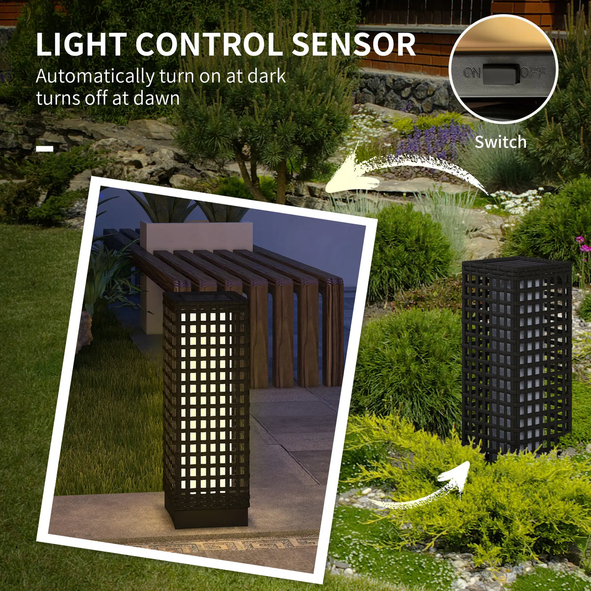Wicker Solar Outdoor Lamp, Auto On/Off LED, IP44, Black Solar Post Lamps at Gallery Canada