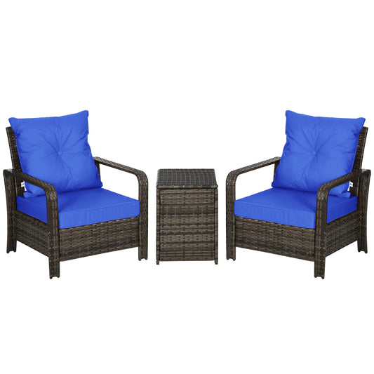 3-Piece Wicker Patio Set, Rattan Bistro with Storage Table, Thickened Cushions, Blue Bistro Sets Mixed Brown at Gallery Canada