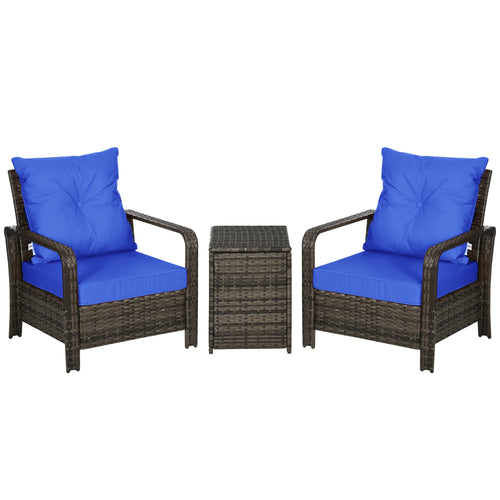 3-Piece Wicker Patio Set, Rattan Bistro with Storage Table, Thickened Cushions, Blue