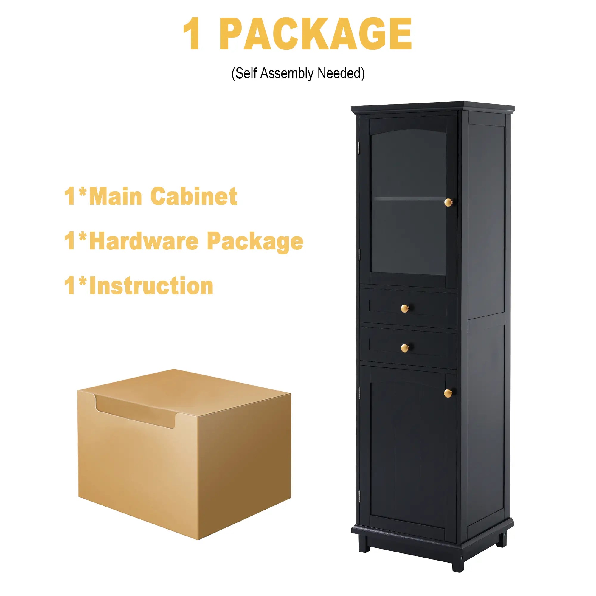 Bathroom Storage Cabinet, Glass Doors, Adjustable Shelves, 18