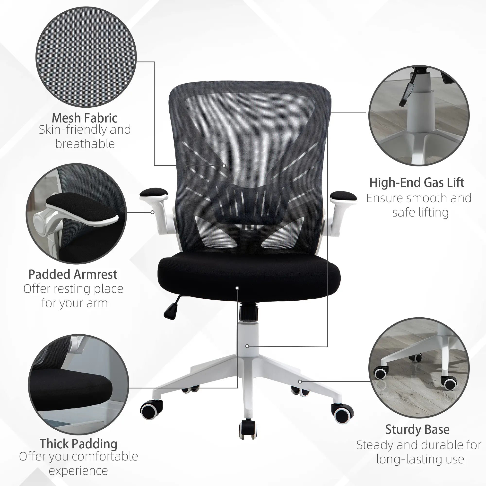 Mesh Office Chair, Swivel Task Desk, Lumbar Support, Flip-Up Arm, Adjustable Height, Grey/Black Task Chairs at Gallery Canada