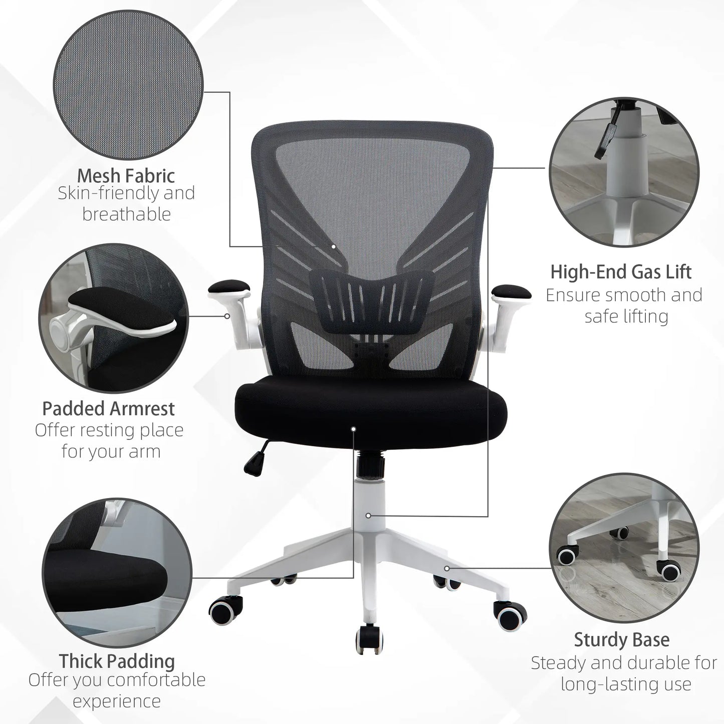 Mesh Office Chair, Swivel Task Desk, Lumbar Support, Flip-Up Arm, Adjustable Height, Grey/Black Task Chairs at Gallery Canada