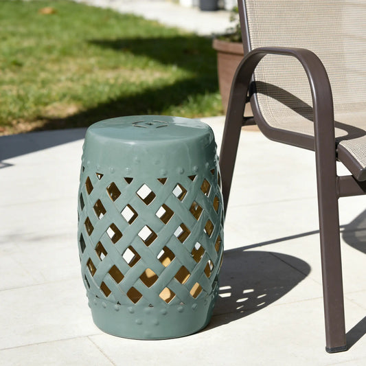 18" Ceramic Garden Stool, Woven Lattice Design, Indoor Outdoor, Blue Patio Chairs Blue at Gallery Canada