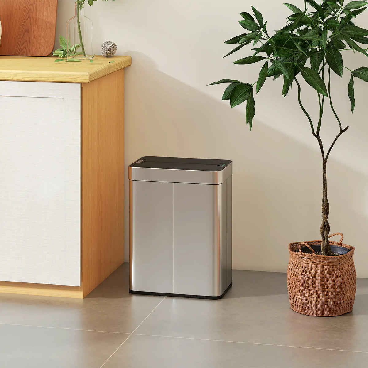 13.2 Gallon Sensor Can, Automatic Garbage Can, Soft Close Butterfly Lid, Fingerprint Proof Stainless Steel, Silver