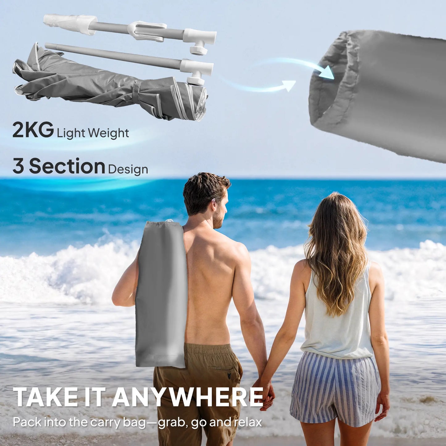 6 ft Portable Beach Umbrella, Sand Anchor, Carry Bag, Adjustable, UPF50+, Grey Beach Umbrellas at Gallery Canada