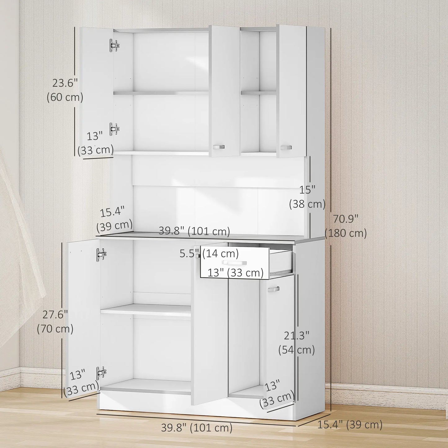 71" Modern Buffet Hutch, 3-Drawer, White Kitchen Pantry Cabinets at Gallery Canada