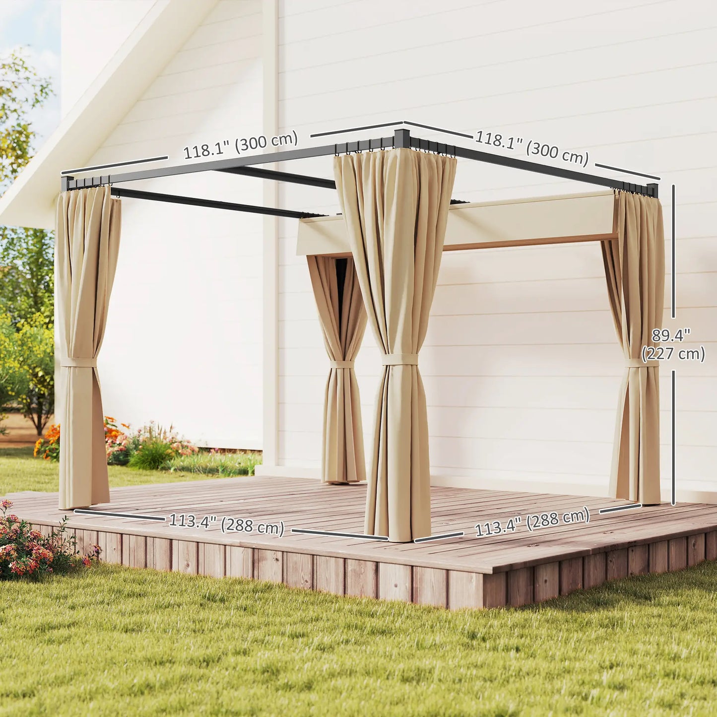 10' x 10' Retractable Pergola, Garden Gazebo with Curtains, Beige Pergolas at Gallery Canada