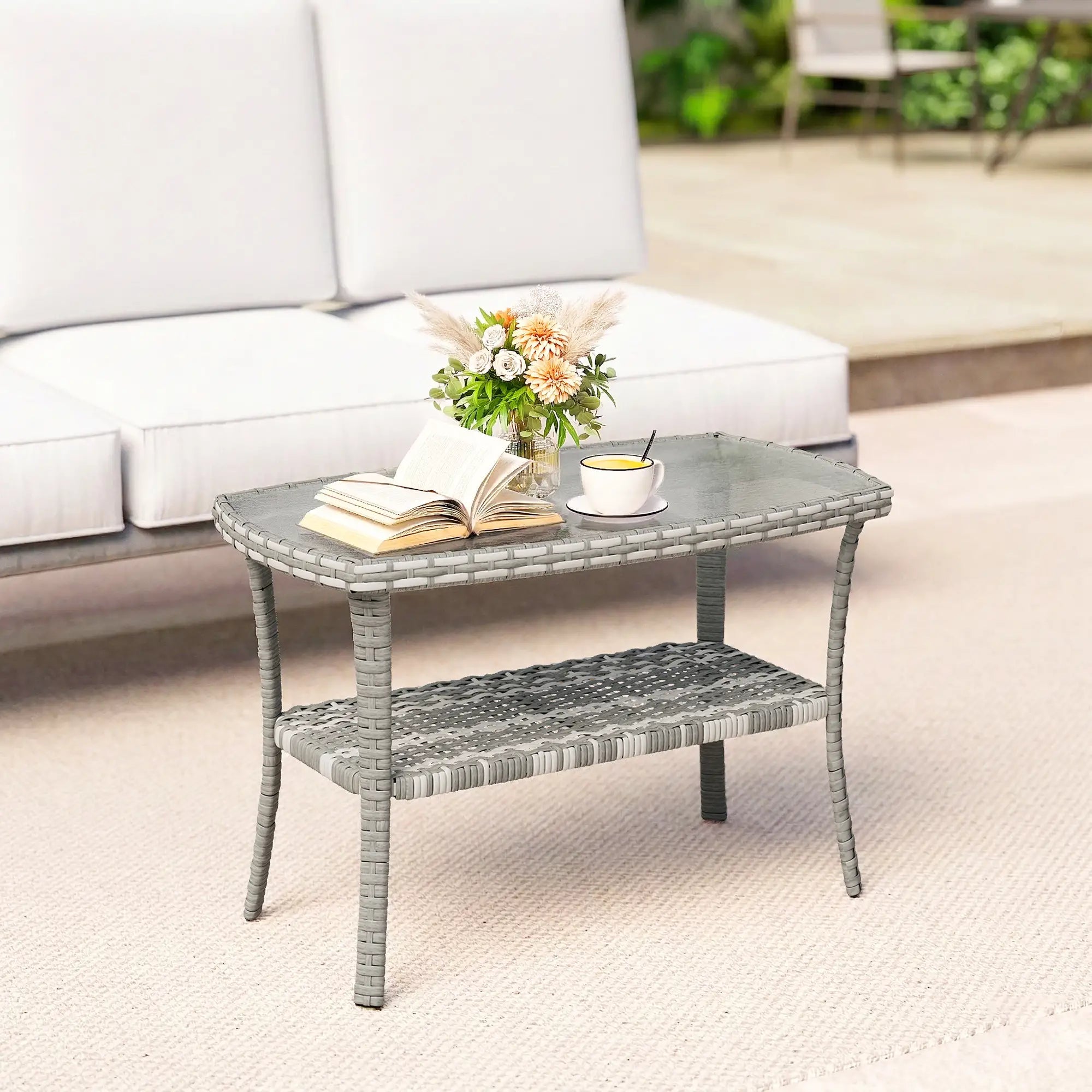 Outdoor Coffee Table With Storage, PE Wicker With Glass Top, Dark Grey Patio Side Tables at Gallery Canada