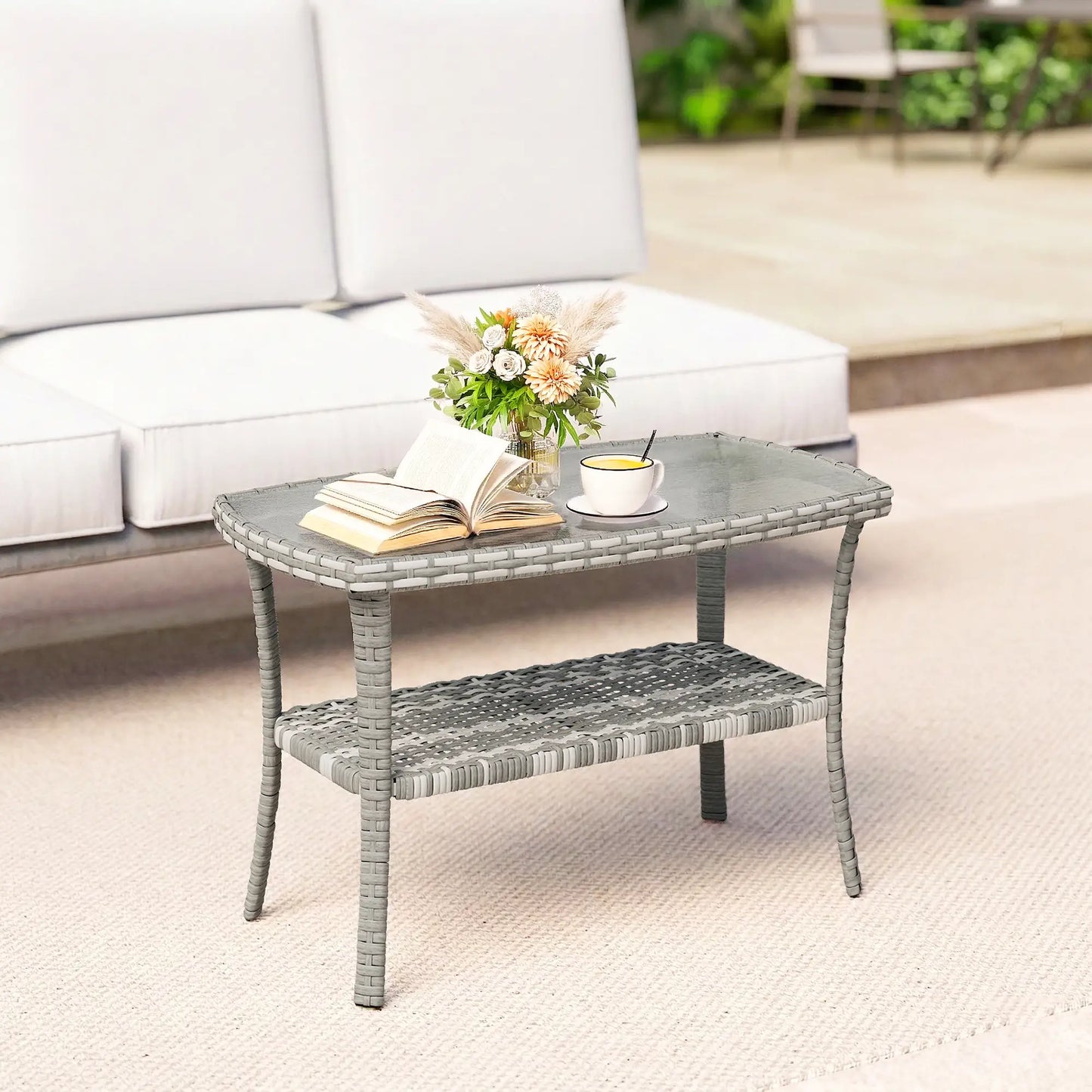 Outdoor Coffee Table With Storage, PE Wicker With Glass Top, Dark Grey Patio Side Tables at Gallery Canada