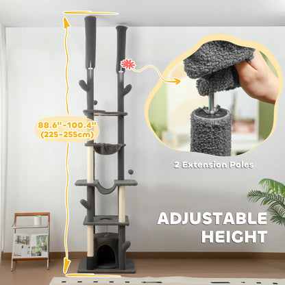 89"-100" Cat Tree Tower for Large Cats, Scratching Posts, Grooming Brush, Grey Floor to Ceiling Cat Trees at Gallery Canada