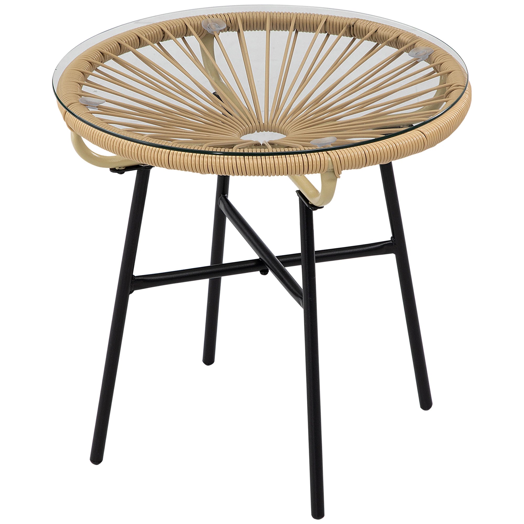 Round Rattan Side Table, Outdoor, PE Rattan, Tempered Glass Top, Beige Patio Side Tables Black Frame, Beige PE Rattan at Gallery Canada