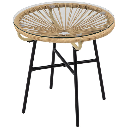Round Rattan Side Table, Outdoor, PE Rattan, Tempered Glass Top, Beige Patio Side Tables Black Frame, Beige PE Rattan at Gallery Canada