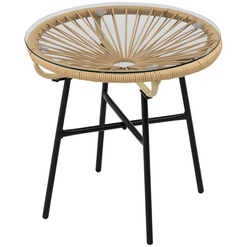 Round Rattan Side Table, Outdoor, PE Rattan, Tempered Glass Top, Beige