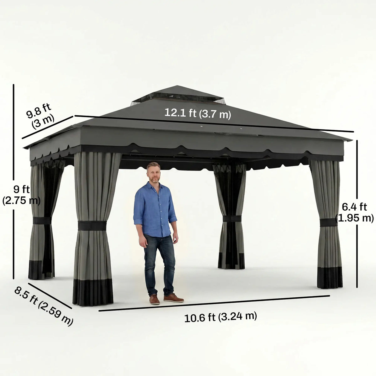10' x 12' Double Roof Patio Gazebo Canopy With Netting, Curtains Gazebos at Gallery Canada