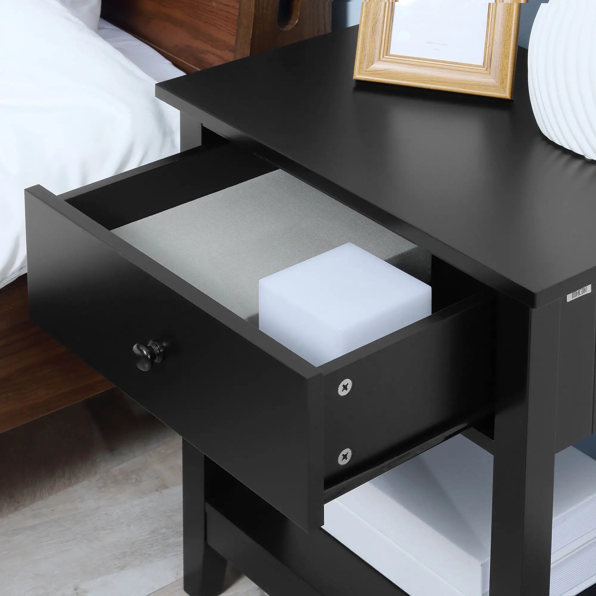 Modern Nightstand, Small End Table with Drawer, Storage Shelf, Black Side Tables at Gallery Canada