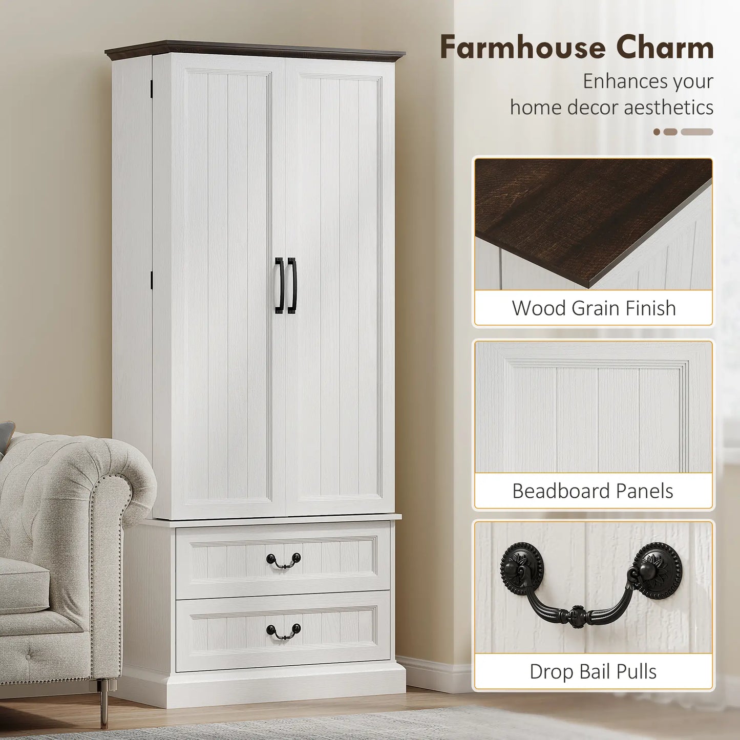 72" LED Kitchen Pantry Cabinet, 10 Door Shelves, 2 Drawers, White Kitchen Pantry Cabinets at Gallery Canada