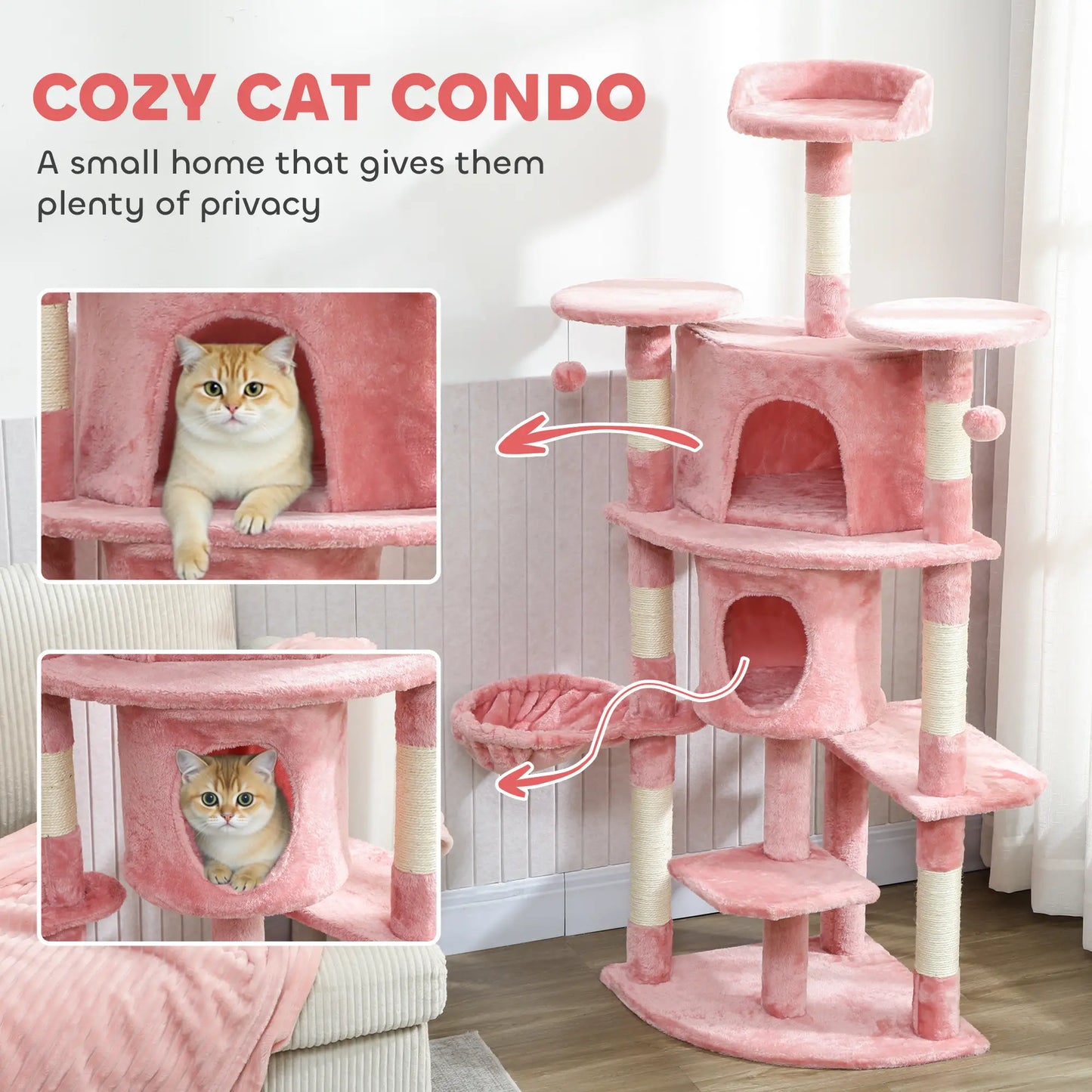 62" Cat Tree With Scratching Post, 2 Condos, Hammock, Pink Multi-Level Cat Towers at Gallery Canada
