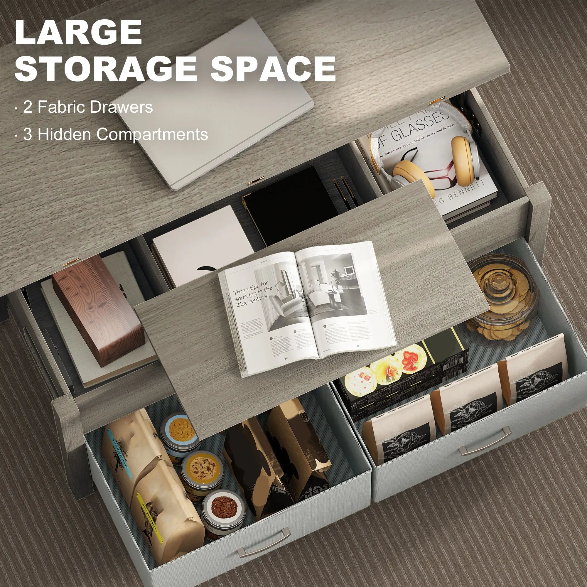 Lift Top Coffee Table, 3 Hidden Compartments, 2 Fabric Drawers, Expandable Top, Charging Station Coffee Tables at Gallery Canada