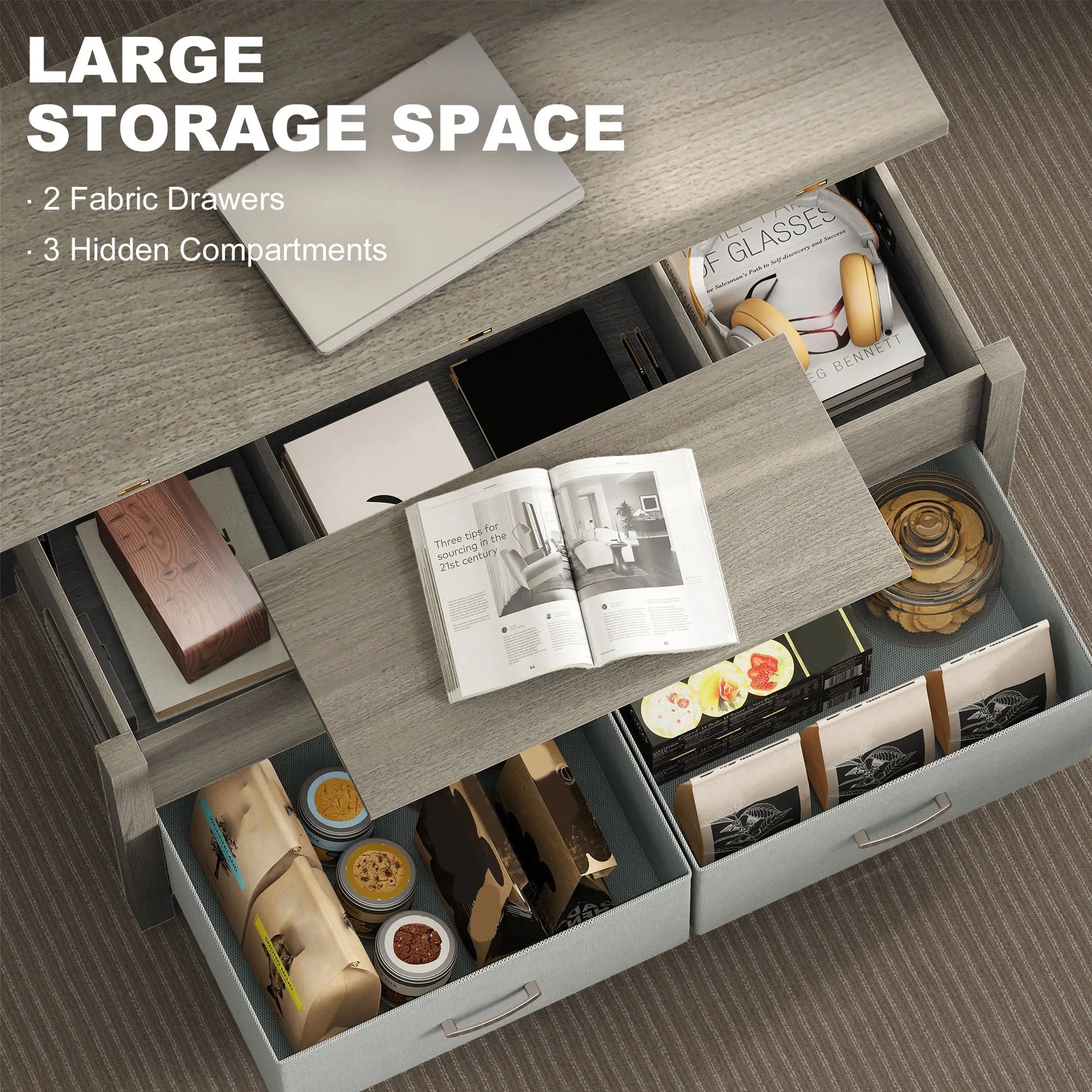 Lift Top Coffee Table, 3 Hidden Compartments, 2 Fabric Drawers, Expandable Top, Charging Station Coffee Tables at Gallery Canada