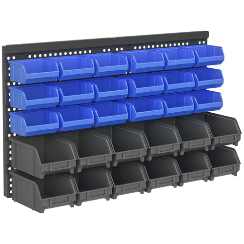 Wall Mounted Storage Bin Rack, 30 Bins, Pegboard, Garage Workshop, Blue